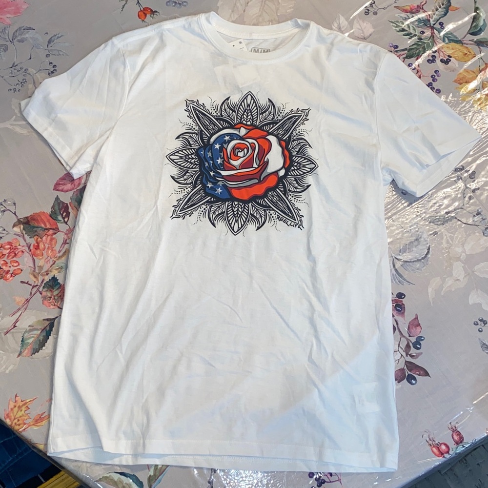 White T-Shirt with American Flag Rose Design Reel Life Medium